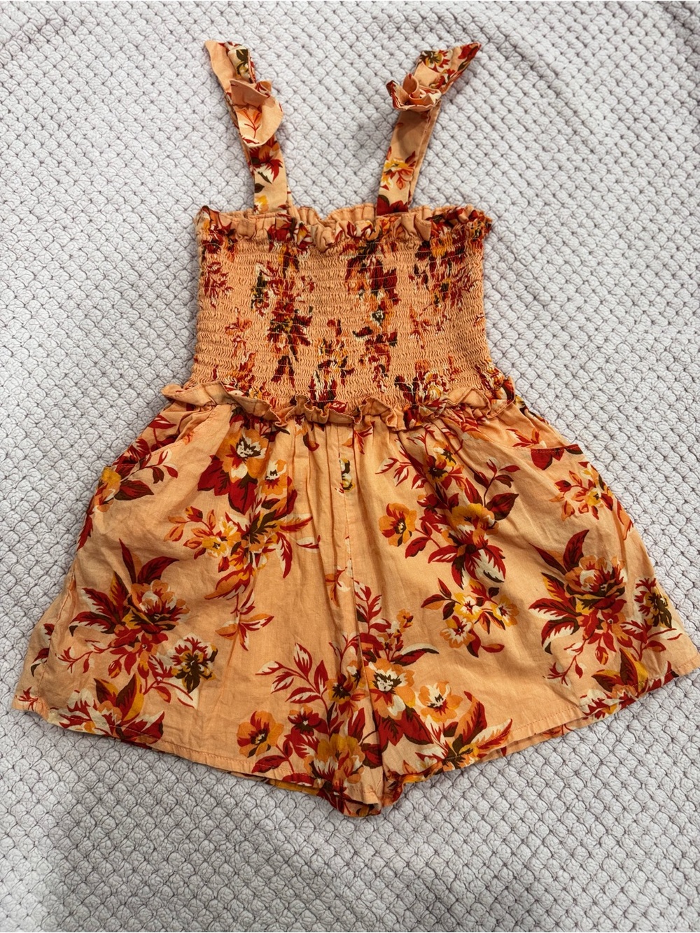 5, Janie and Jack Peach Floral Smocked Romper with Ruffle Straps